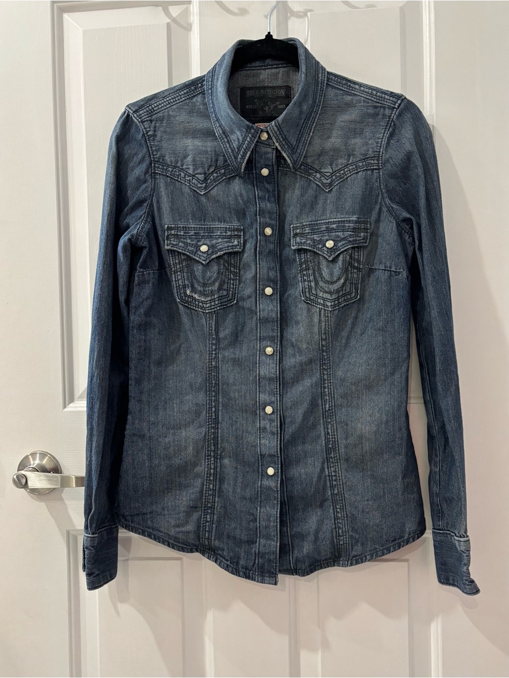 True Religion Western Denim Pearlized Snap Button Shirt 100% Cotton Size S